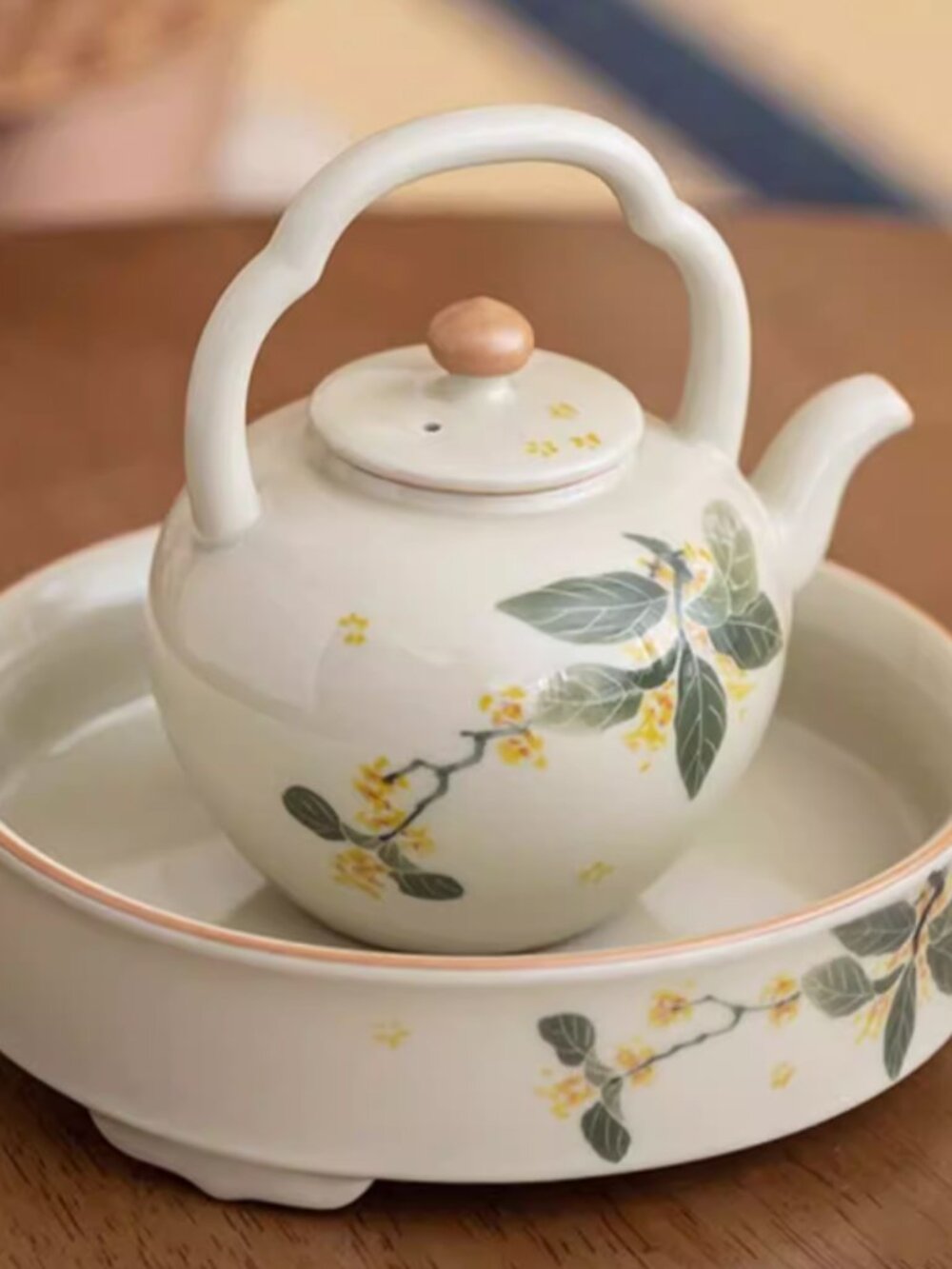 Ceramic Floral Teapot with Matching Tray - Cream and Green